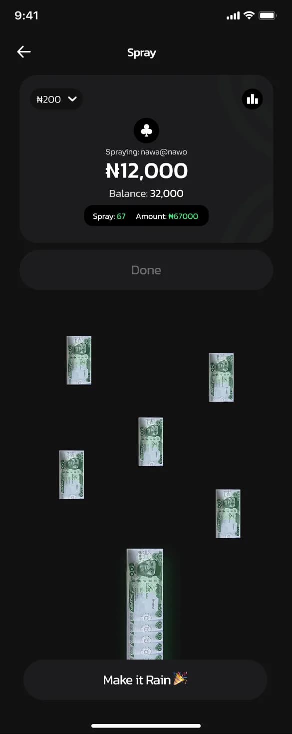Nawó app Spray screen mid-spray: denomination selector, running spray count and total, and the Make It Rain button with banknotes falling