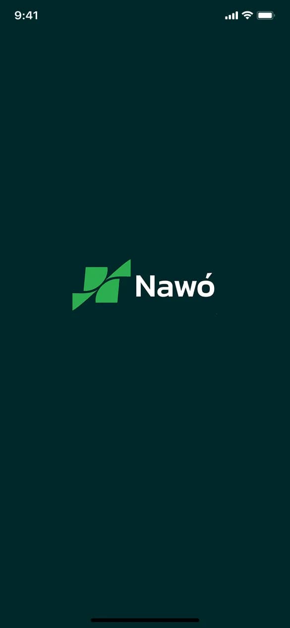 Nawó app opening screen with the flying-note logo on a deep teal background